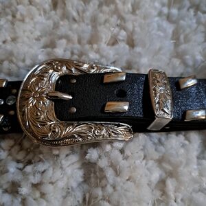 Womens Black Genuine Leather Belt Western Rhinestone Studded Silver Buckle Large